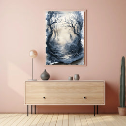 Misty Forest Path Eerie Landscape Artistic Poster