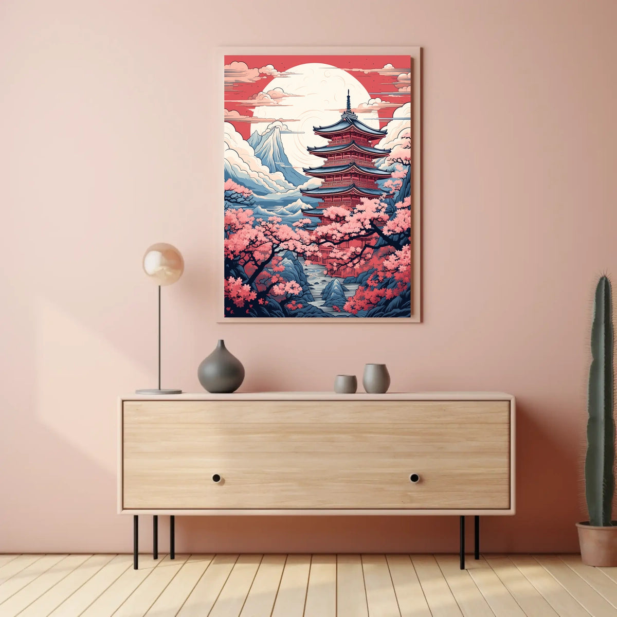 Traditional Japanese Pagoda in Serene Landscape Cultural Poster