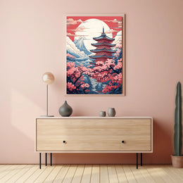 Traditional Japanese Pagoda in Serene Landscape Cultural Poster