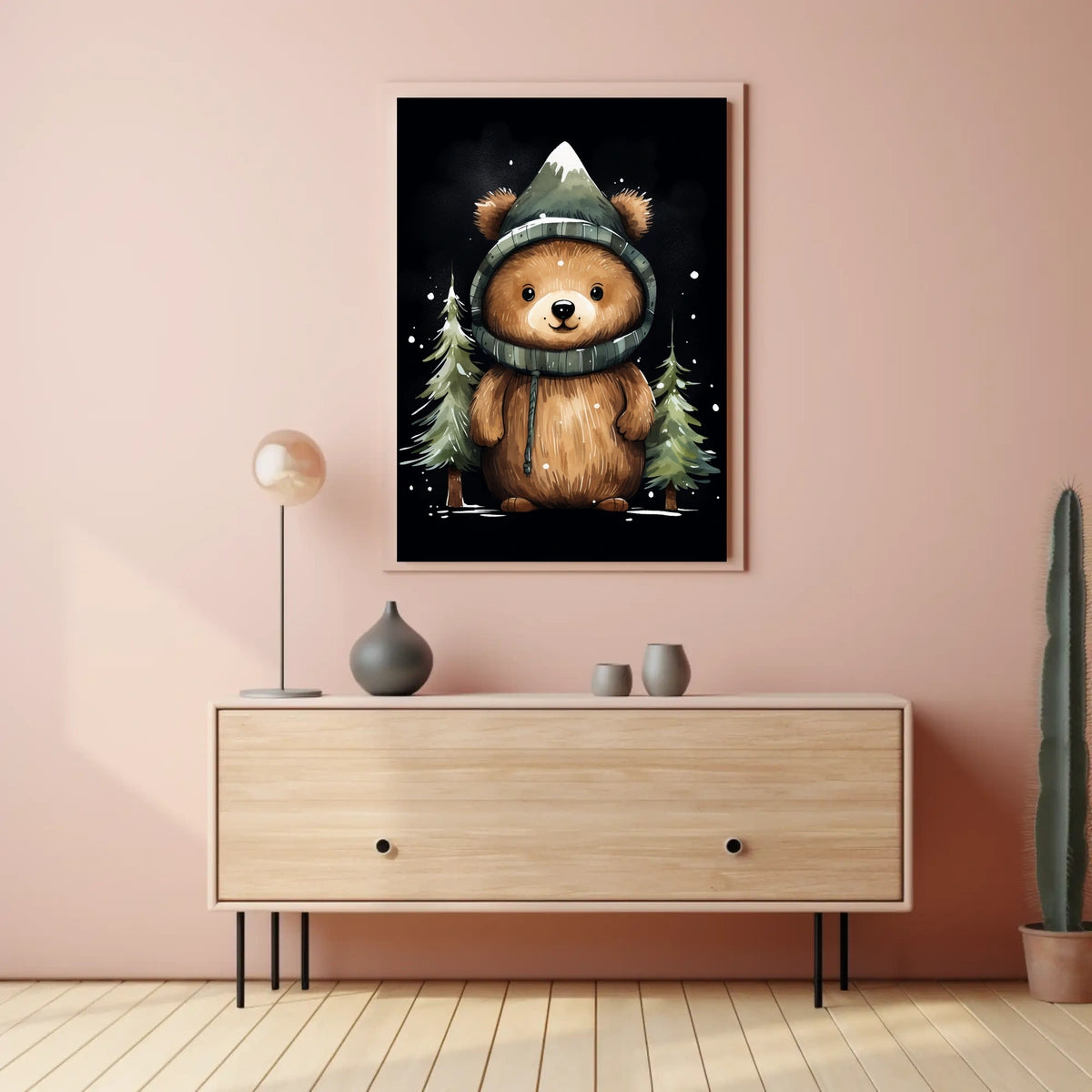 Whimsical Bear in Mountain Hood Cartoon Poster