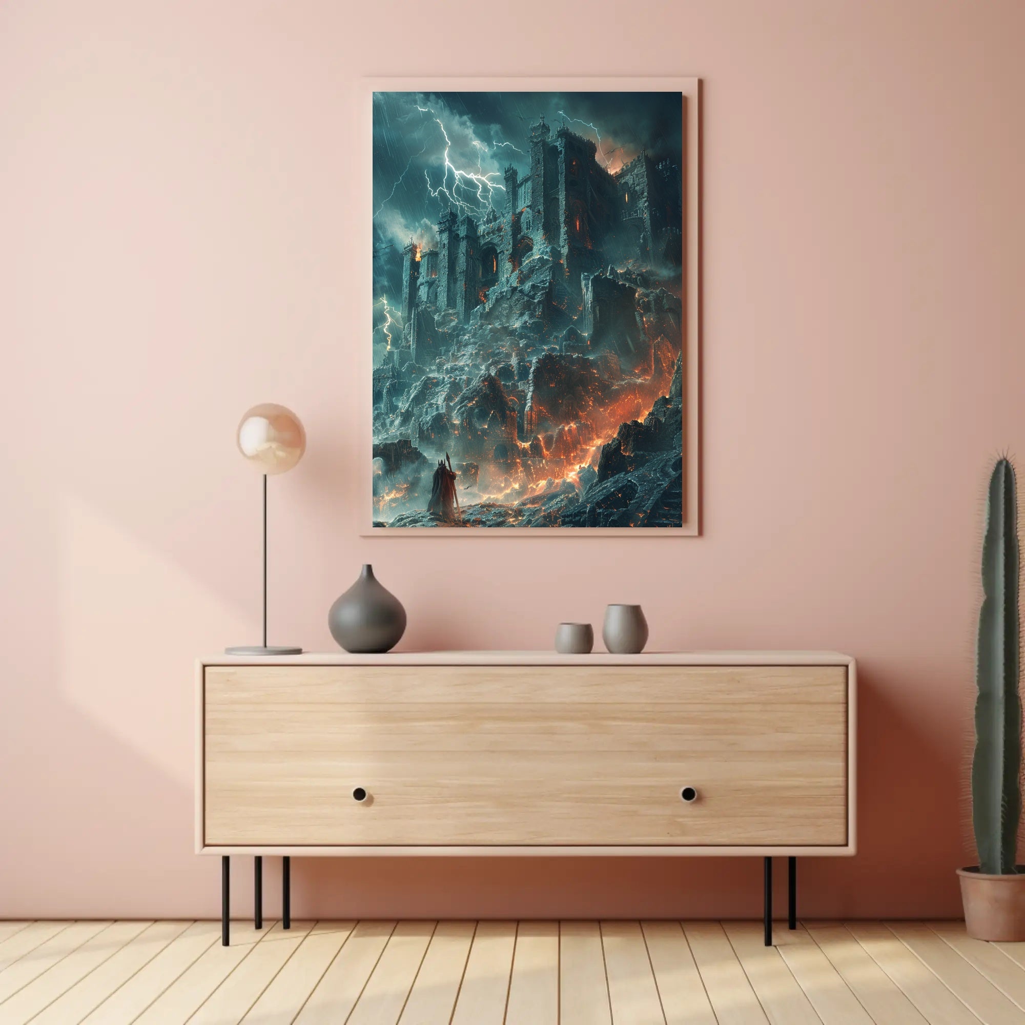 Dark Fortress in Fiery Storm - Fantasy or Mythology Poster PosterGoat