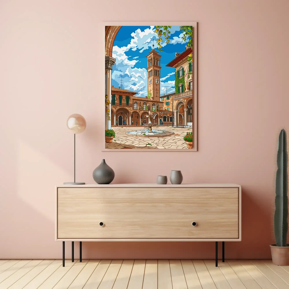 Charming Italian Piazza with Clock Tower Poster