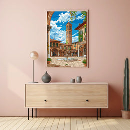 Charming Italian Piazza with Clock Tower Poster