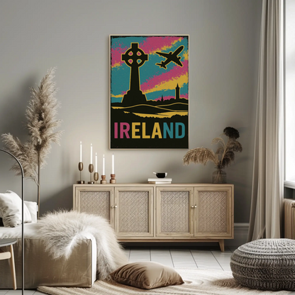 Ireland Celtic Cross Air Travel Retro Poster