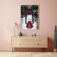 Red Lantern in Snowy Forest Adventure Travel Poster