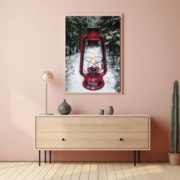 Red Lantern in Snowy Forest Adventure Travel Poster