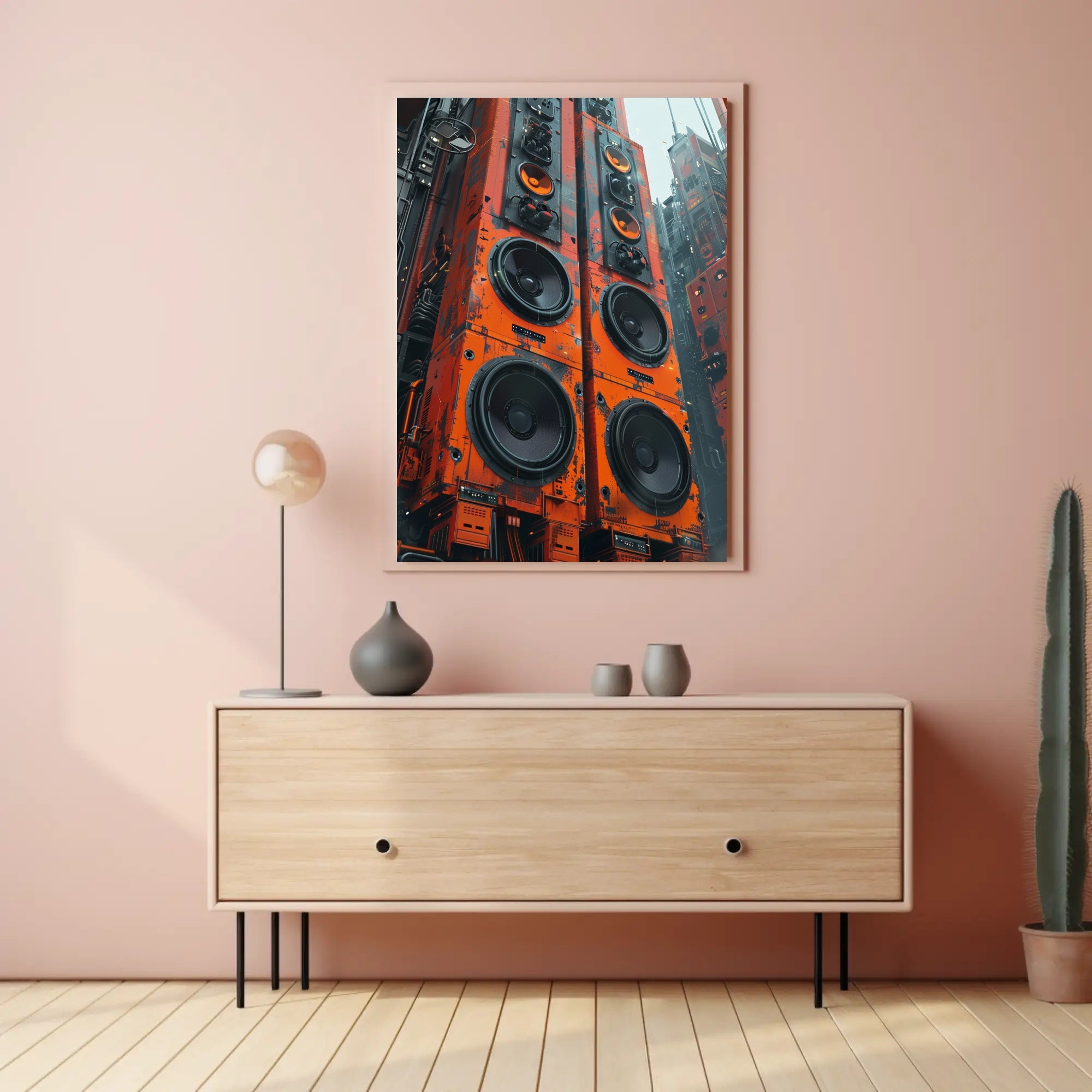 Futuristic Cyberpunk Speaker Towers Art Poster PosterGoat