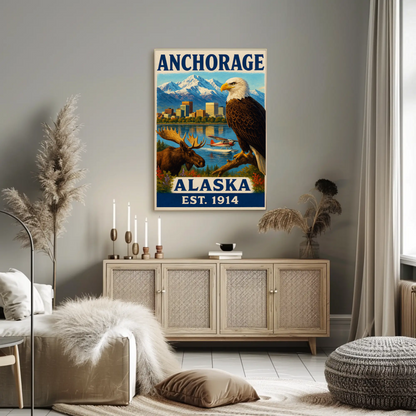 Anchorage Alaska Wildlife Skyline Nature Vintage Travel Poster