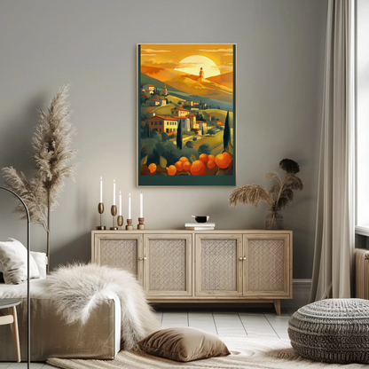 Tuscan Sunset Over Rolling Hillside Travel Poster