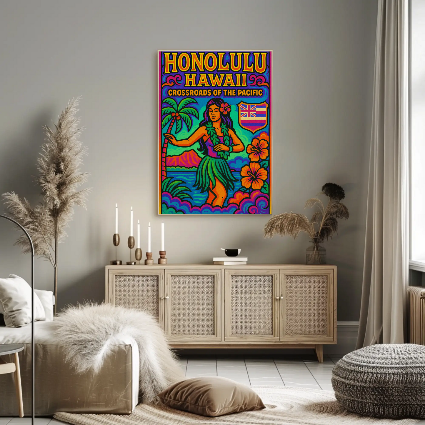 Honolulu Hawaii Pacific Vibrant Dancer Ocean Travel Poster