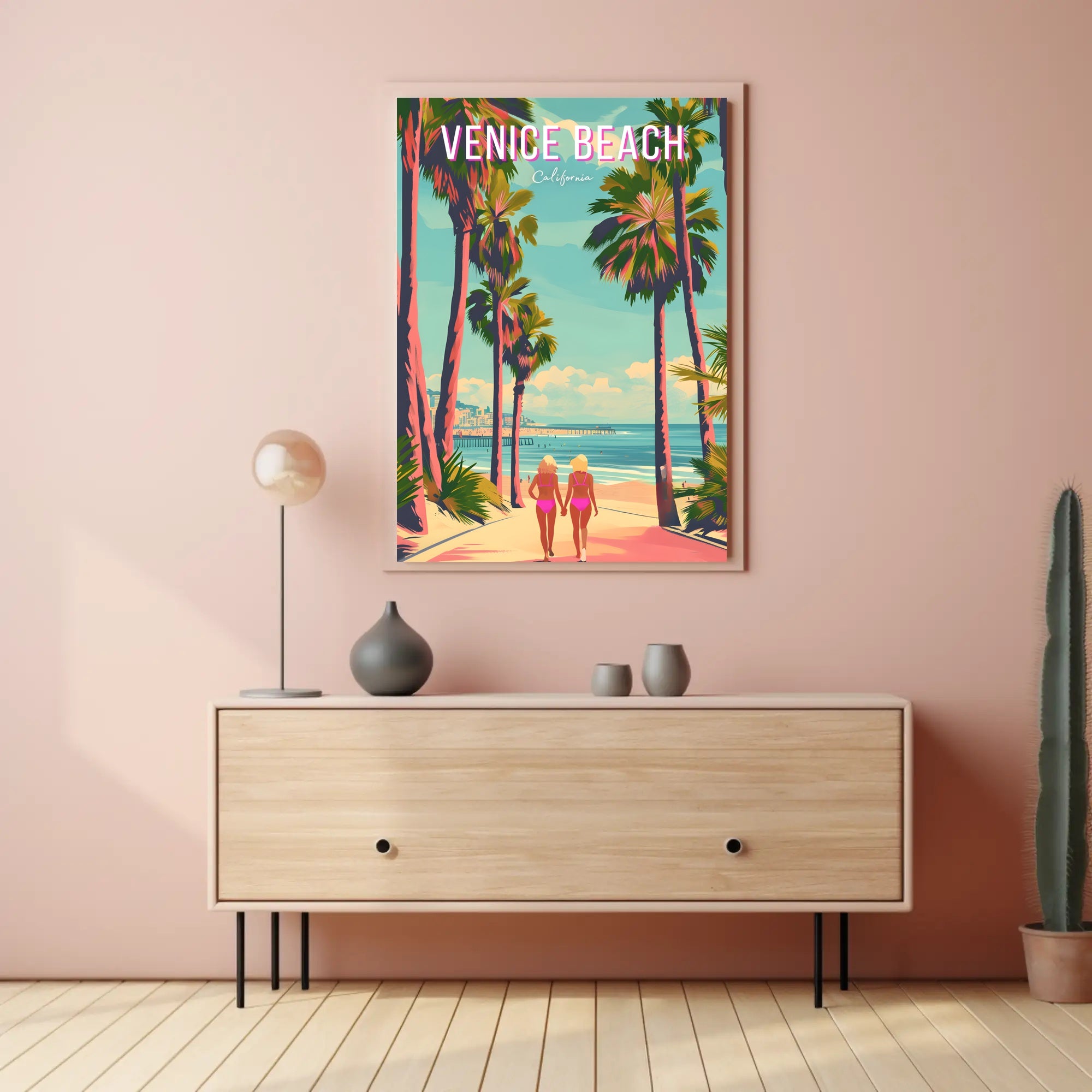 Venice Beach Vintage Travel Art with Palm Trees Scene Travel Poster