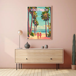 Venice Beach Vintage Travel Art with Palm Trees Scene Travel Poster