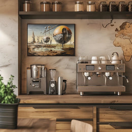 Futuristic Machines in a Surreal Desert Landscape Poster
