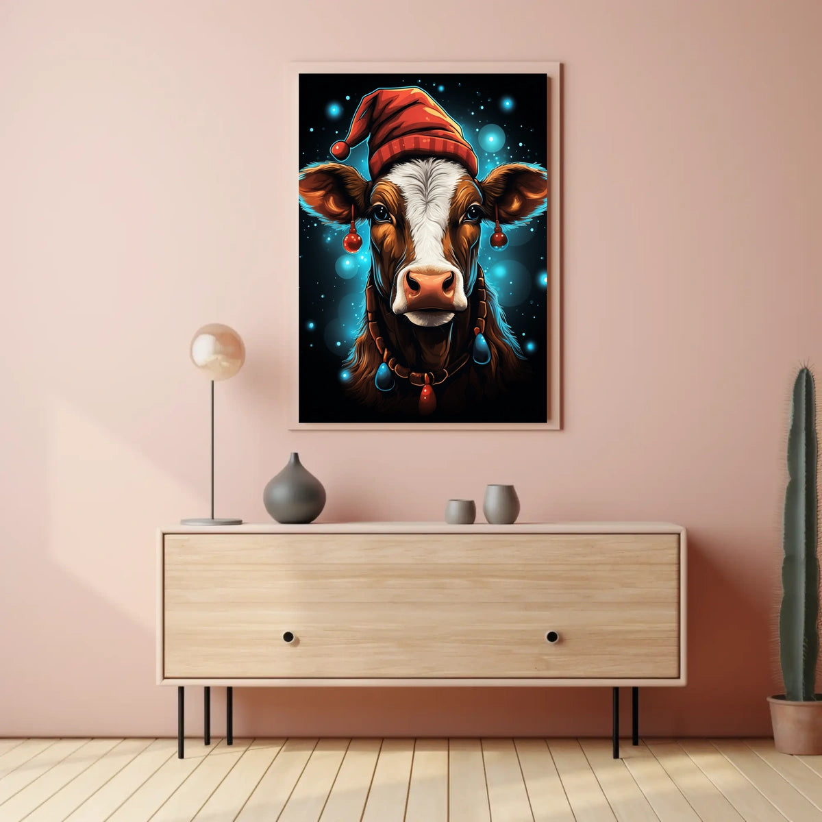 Festive Cow in Santa Hat Christmas Poster