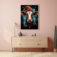 Festive Cow in Santa Hat Christmas Poster