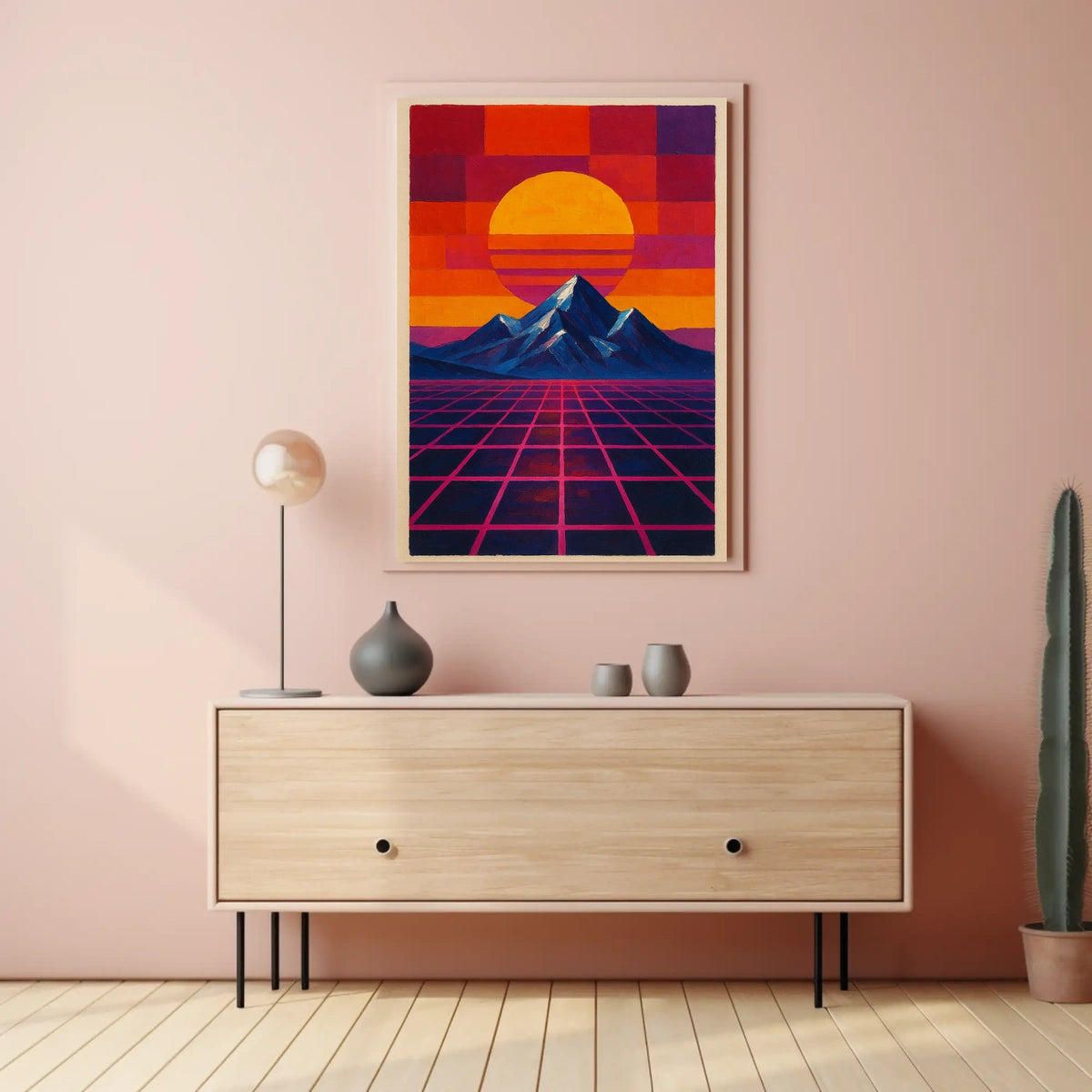 Retro-Futuristic Sunrise on Geometric Sci-Fi Landscape Poster