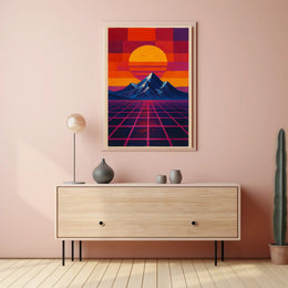 Retro-Futuristic Sunrise on Geometric Sci-Fi Landscape Poster