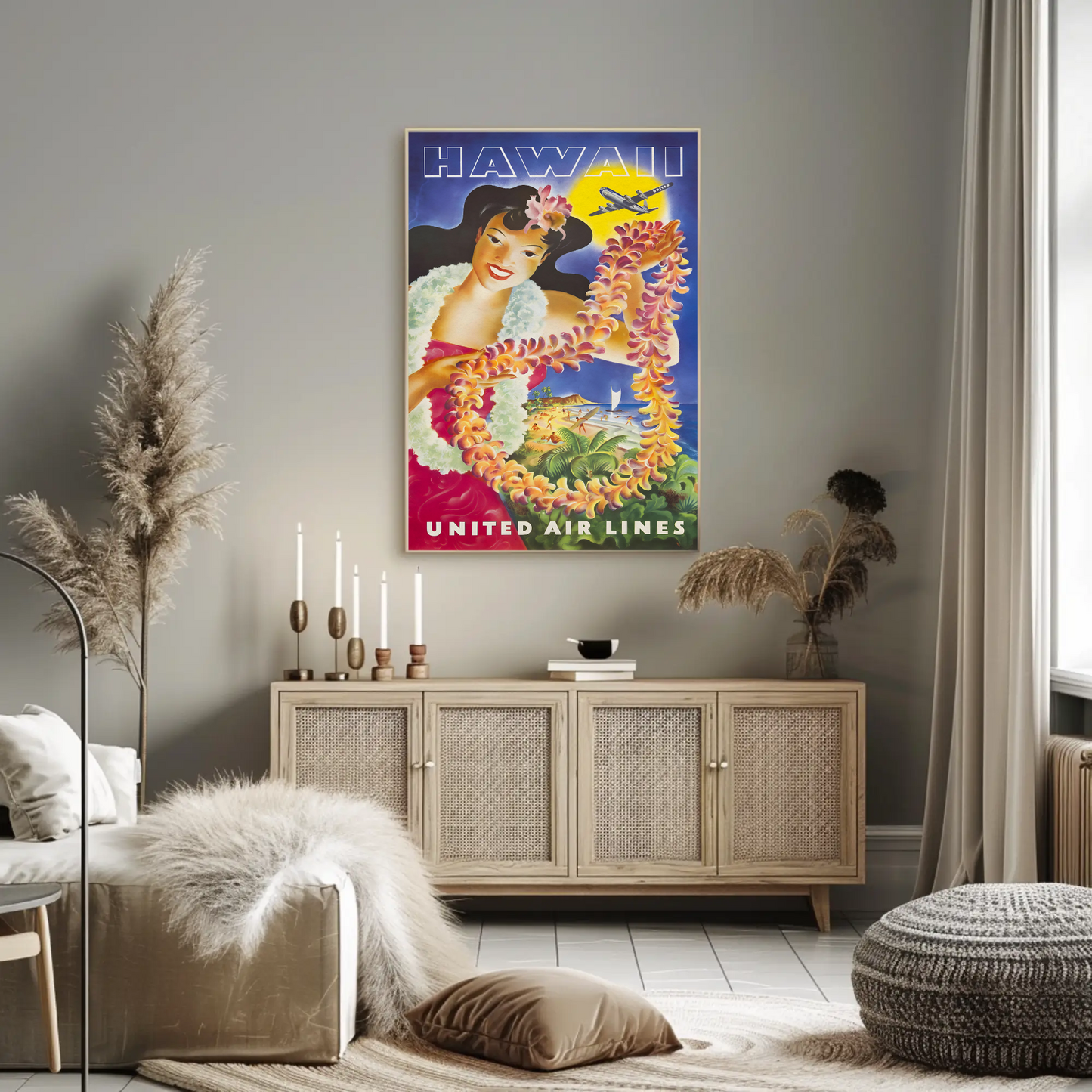 Hawaii United Airlines Lei Woman Beach Travel Poster