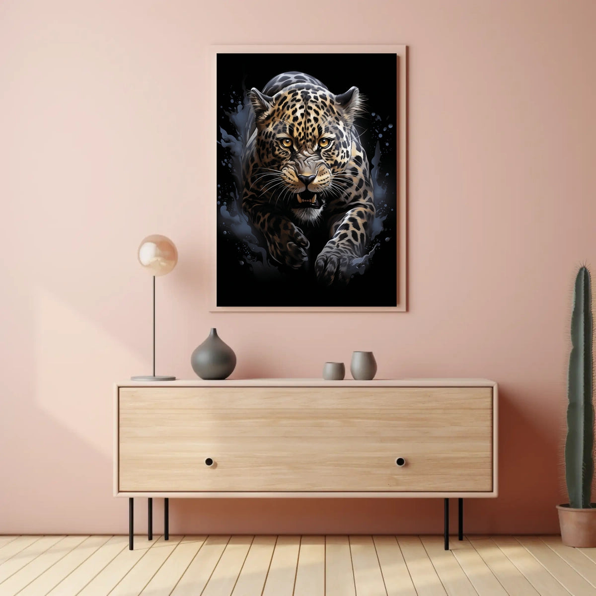 The poster features a dynamic and intense depiction of a leopard in mid-pounce. Travel Poster