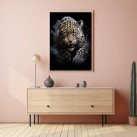 The poster features a dynamic and intense depiction of a leopard in mid-pounce. Travel Poster