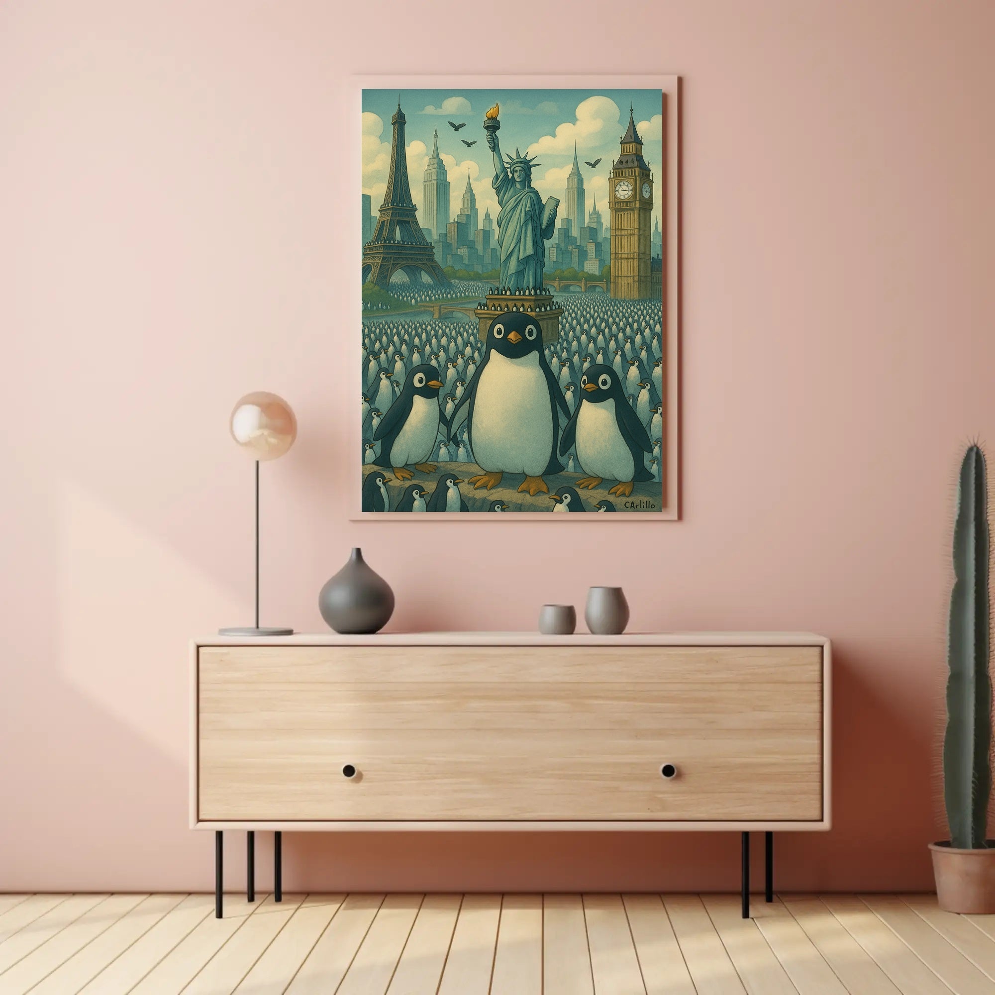 Whimsical Landmarks and Penguins Travel Poster