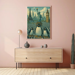 Whimsical Landmarks and Penguins Travel Poster