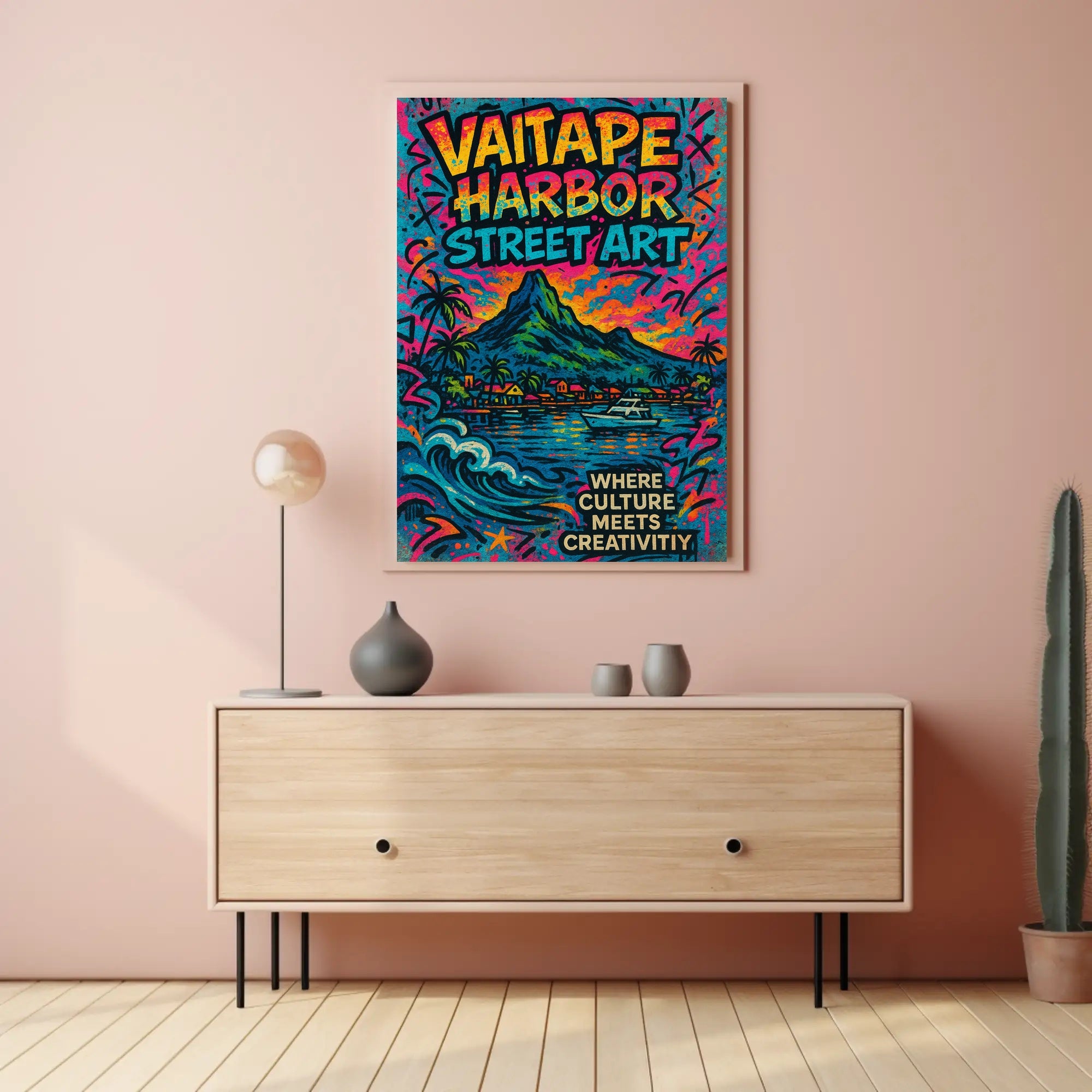 Vaitape Harbor Street Art Poster Vibrant Travel Print