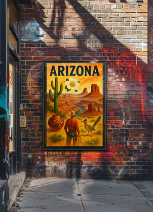 Arizona Desert Cowboy Saguaro Sunset Vintage Travel Poster