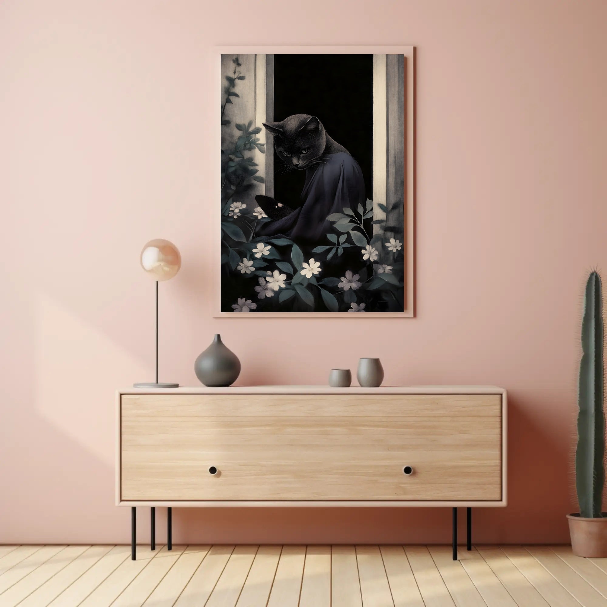 Mysterious Black Cat Window Nightscape Animal Poster PosterGoat
