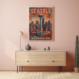 Seattle Space Needle Retro Urban Cityscape Travel Poster