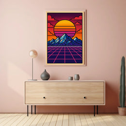 Vibrant Retro-Inspired Mountainscape Poster with Futuristic Sci-Fi Elements