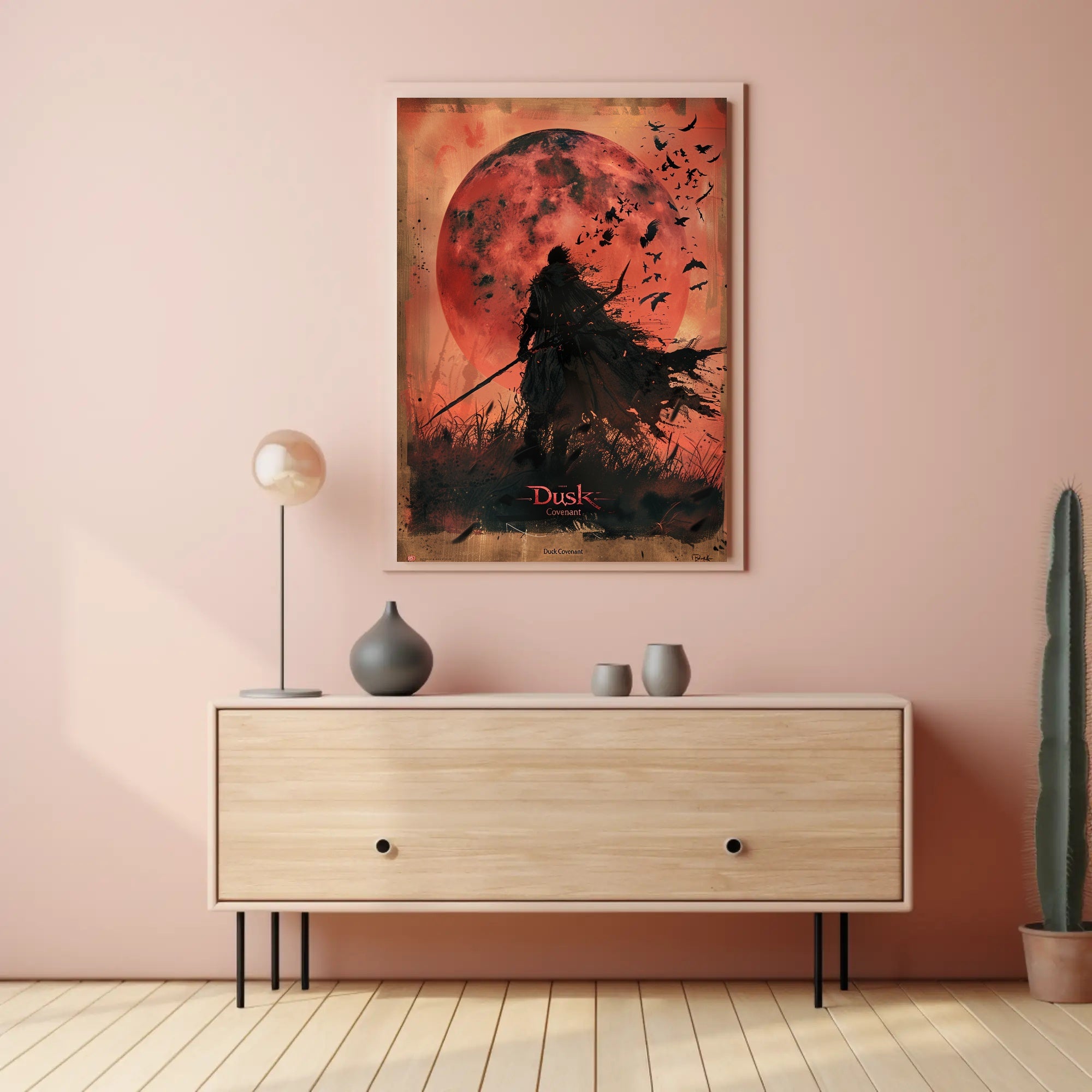 Silhouetted Warrior Against Red Moon Fantasy or Mythology Poster PosterGoat