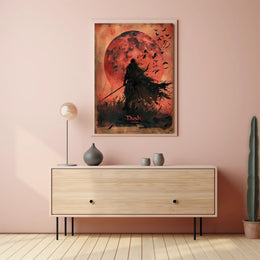 Silhouetted Warrior Against Red Moon Fantasy or Mythology Poster PosterGoat