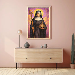 Saintly Figure with Church Model Poster