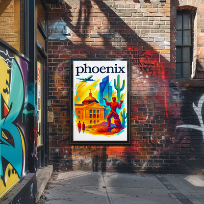 Phoenix Capitol Cactus Statue Airplane Desert Vintage Travel Poster