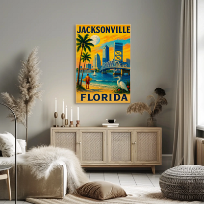 Jacksonville Florida Surfer Bridge Skyline Sunset Travel Poster