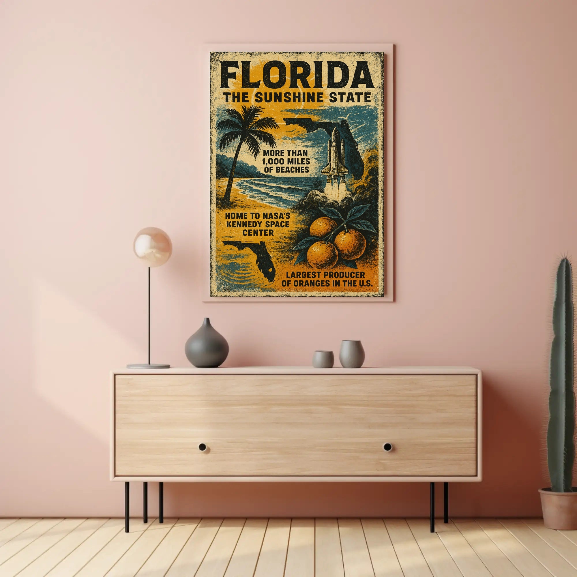 Florida Beaches and Space Launch Vintage Travel Poster