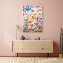 Golden Retriever Puppy In A Wagon With Flowers Poster