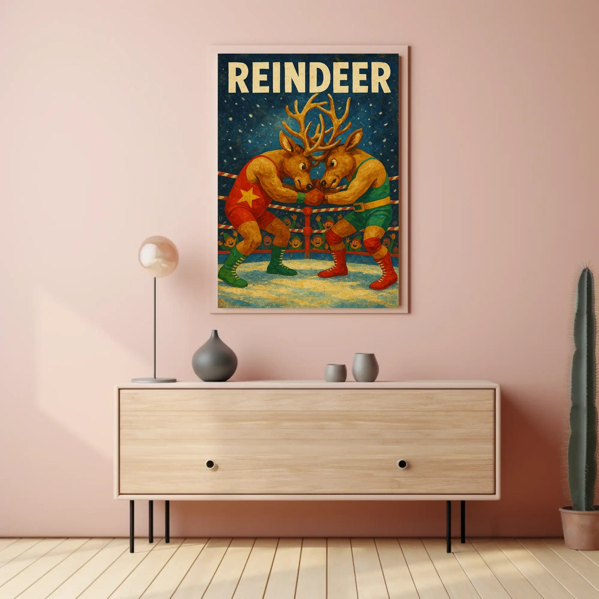 Whimsical Reindeer Wrestling Holiday Poster Art Print