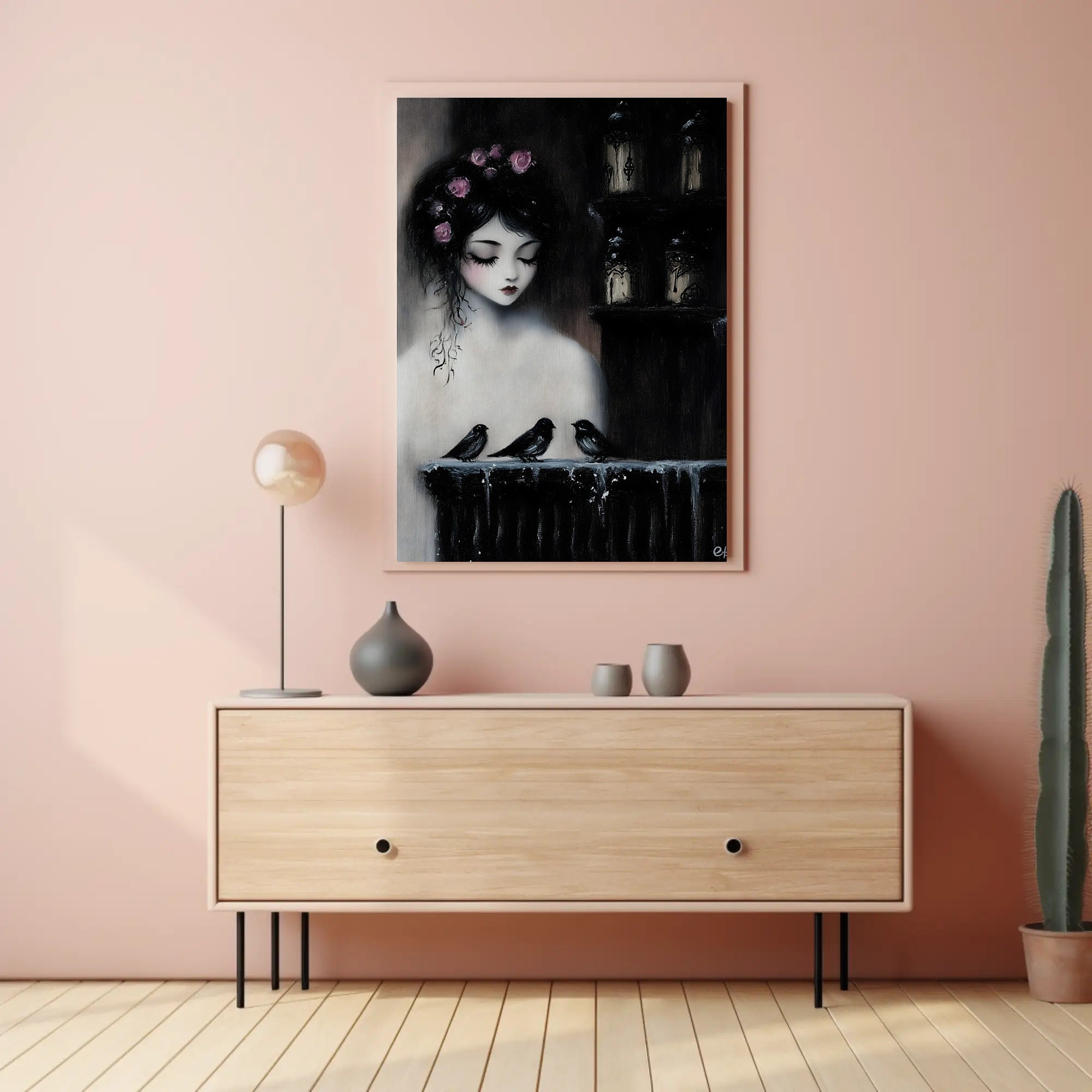 Ethereal Gothic Woman with Roses and Birds Poster PosterGoat