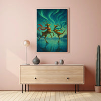Whimsical Ice Skating Reindeer Northern Lights Fantasy Poster