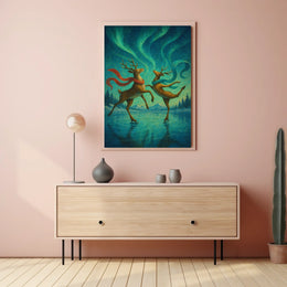 Whimsical Ice Skating Reindeer Northern Lights Fantasy Poster