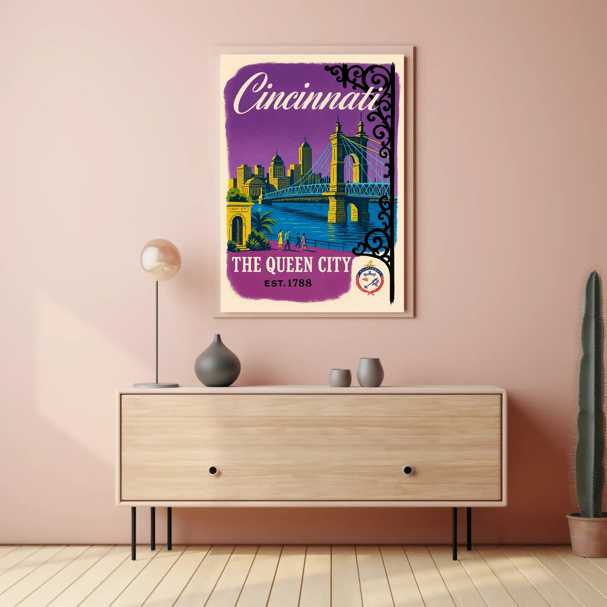 Cincinnati The Queen City Vintage Illustration Bridge Poster