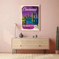 Cincinnati The Queen City Vintage Illustration Bridge Poster