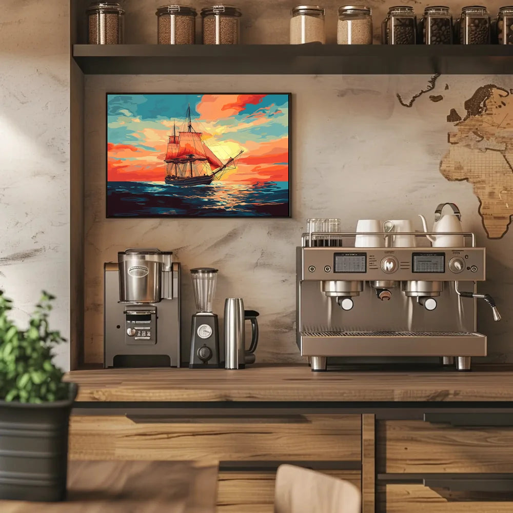 Vintage Sailing Ship at Vibrant Sunset Poster