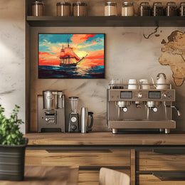 Vintage Sailing Ship at Vibrant Sunset Poster