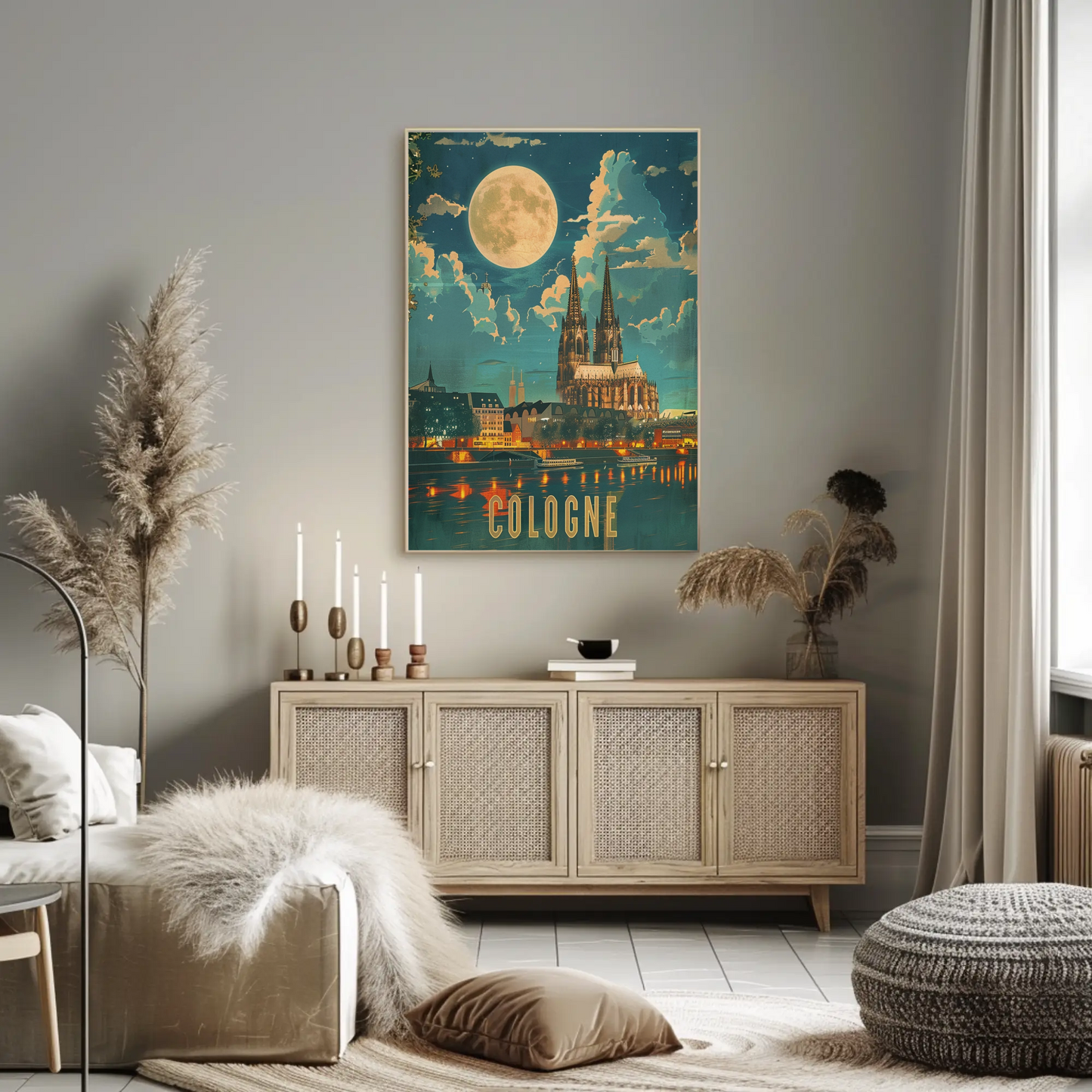 Cologne Cathedral Moonlight River Reflection Travel Poster