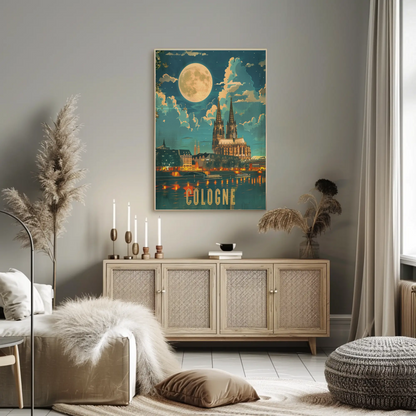 Cologne Cathedral Moonlight River Reflection Travel Poster