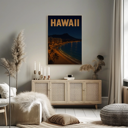 Hawaii Coastline At Night With Hotels Travel Poster