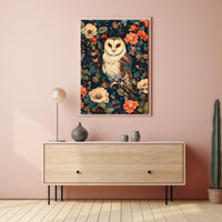 Barn Owl Amid Enchanted Flora: Artistic Animal Poster